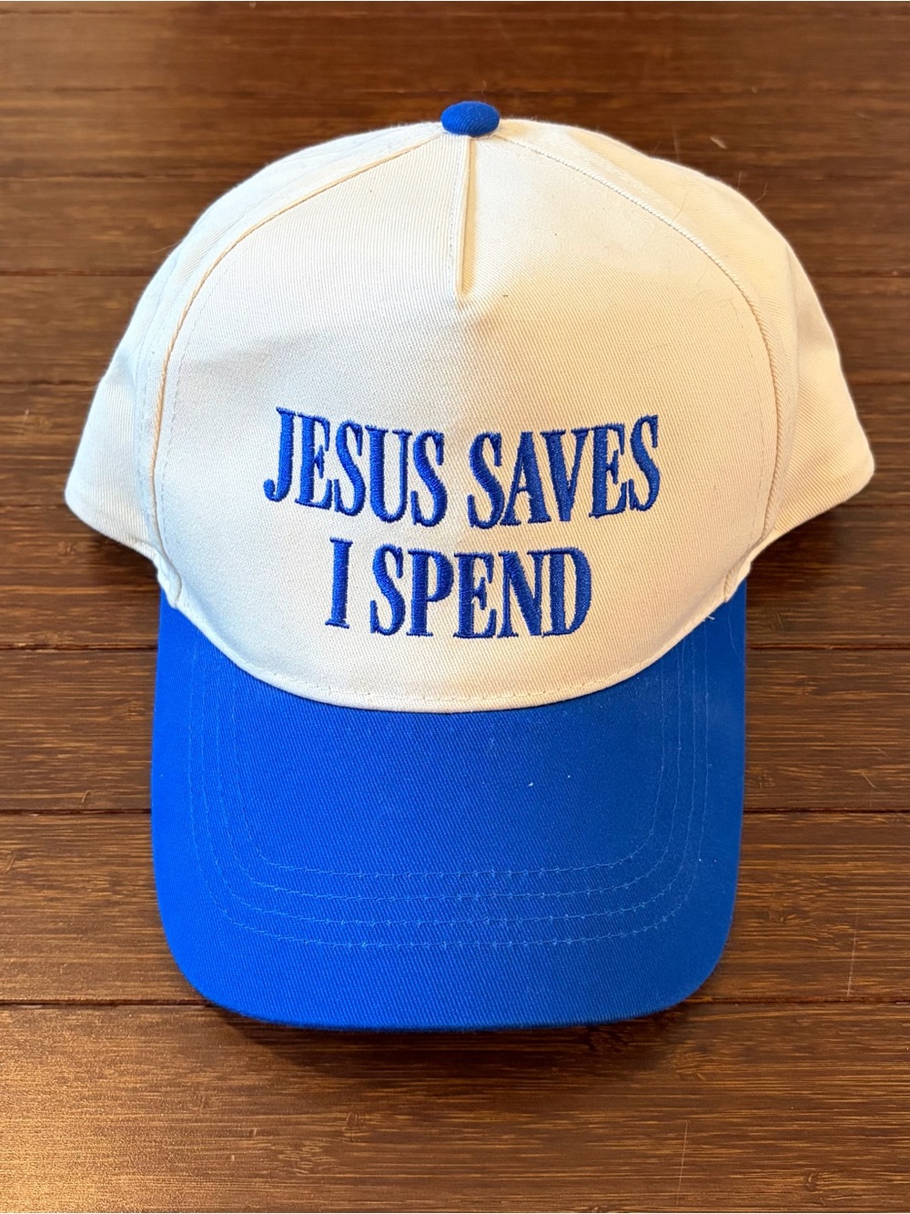 JESUS SAVES I SPEND EMBROIDERED FIVE PANEL TWILL CAP ROYAL BLUE ADJUSTABLE